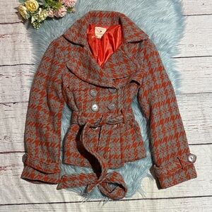 Vintage Y2K Forever 21 Orange and Gray Houndstooth Pea Coat sz L
